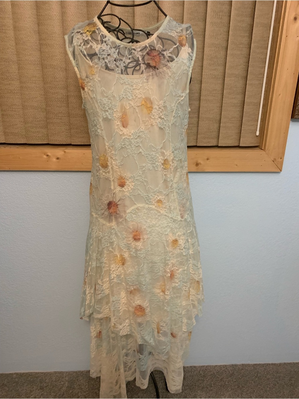 Sleeveless Lace High-Low Dress in Cream with Pastel Floral Accents